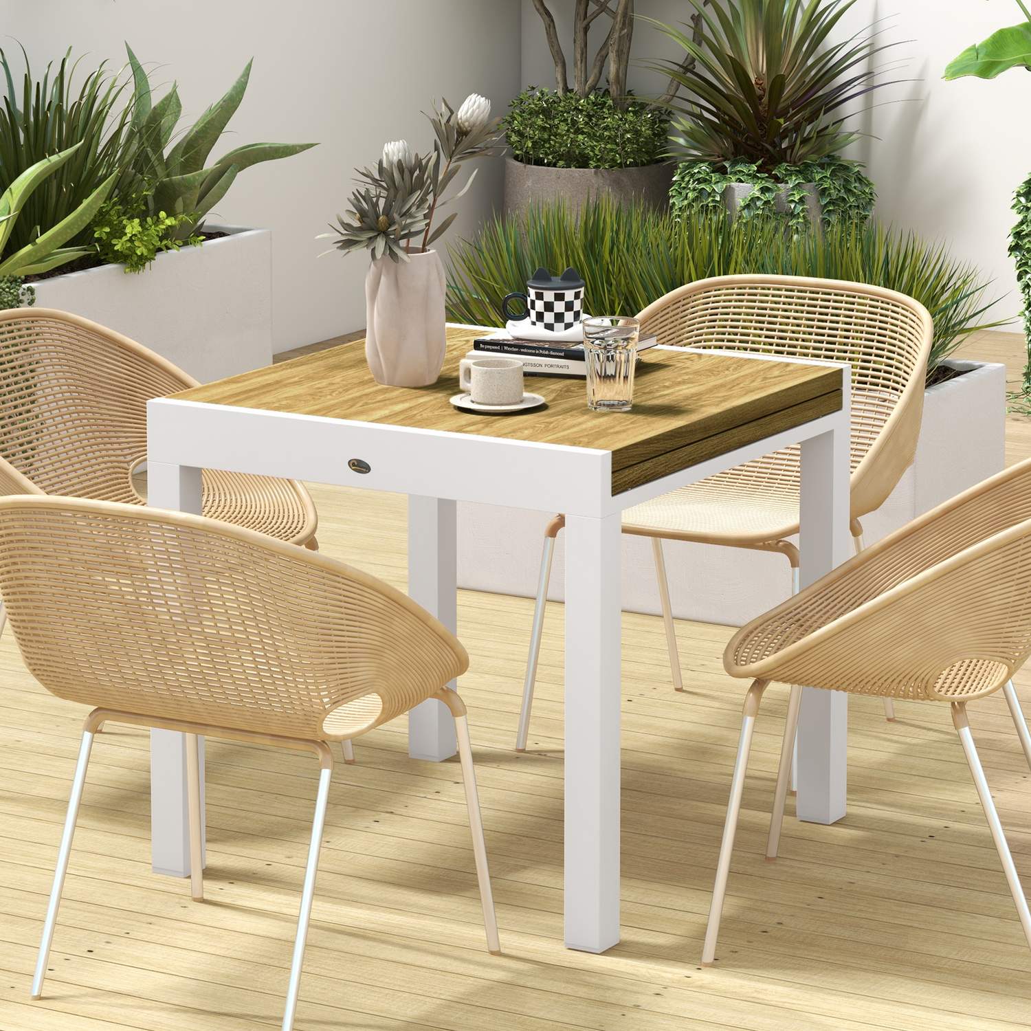 Uitschuifbare tuintafel, houtlook, geschikt voor 6 personen, wit