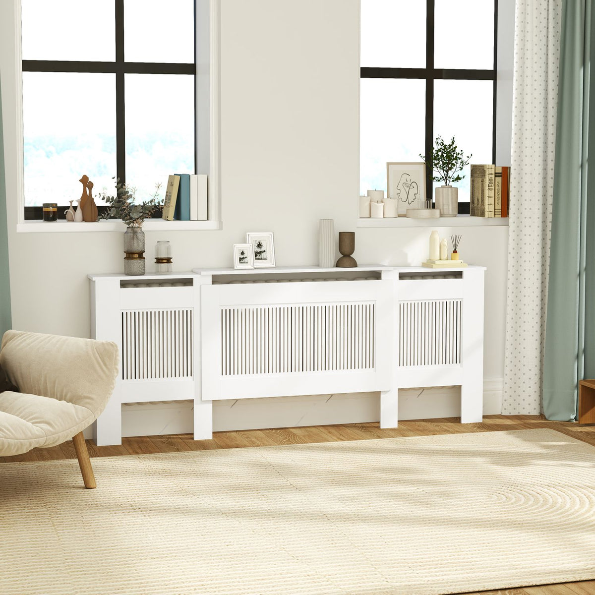Uittrekbare witte radiatorombouw met plank, lattenontwerp