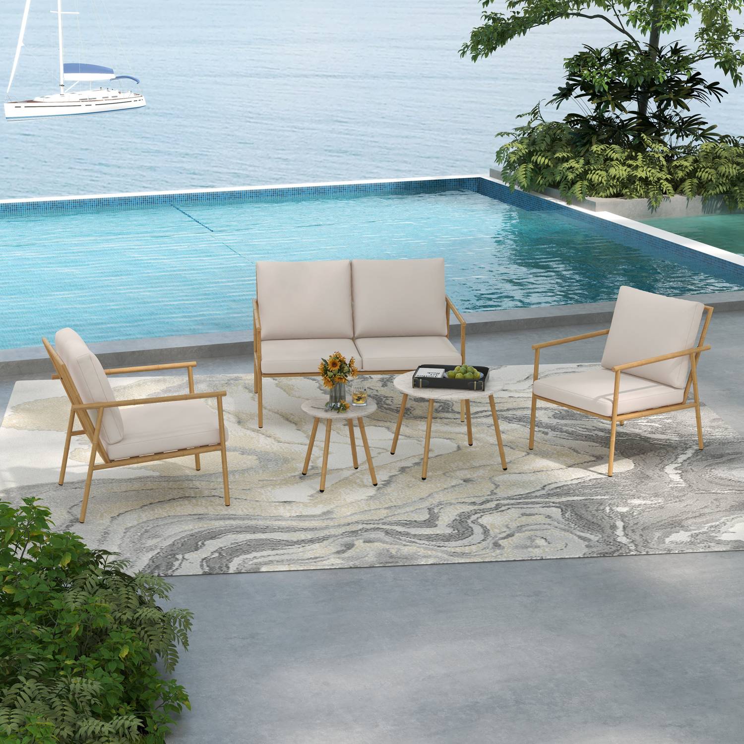 Tuinmeubelset – 2 stoelen, bank en tafel, crèmekleurige kussens
