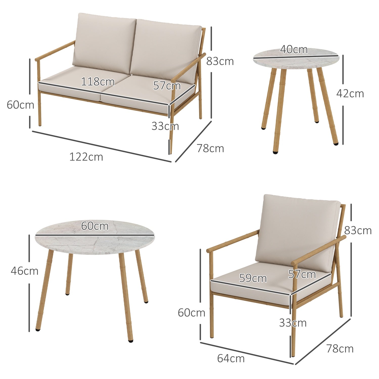 Tuinmeubelset – 2 stoelen, bank en tafel, crèmekleurige kussens