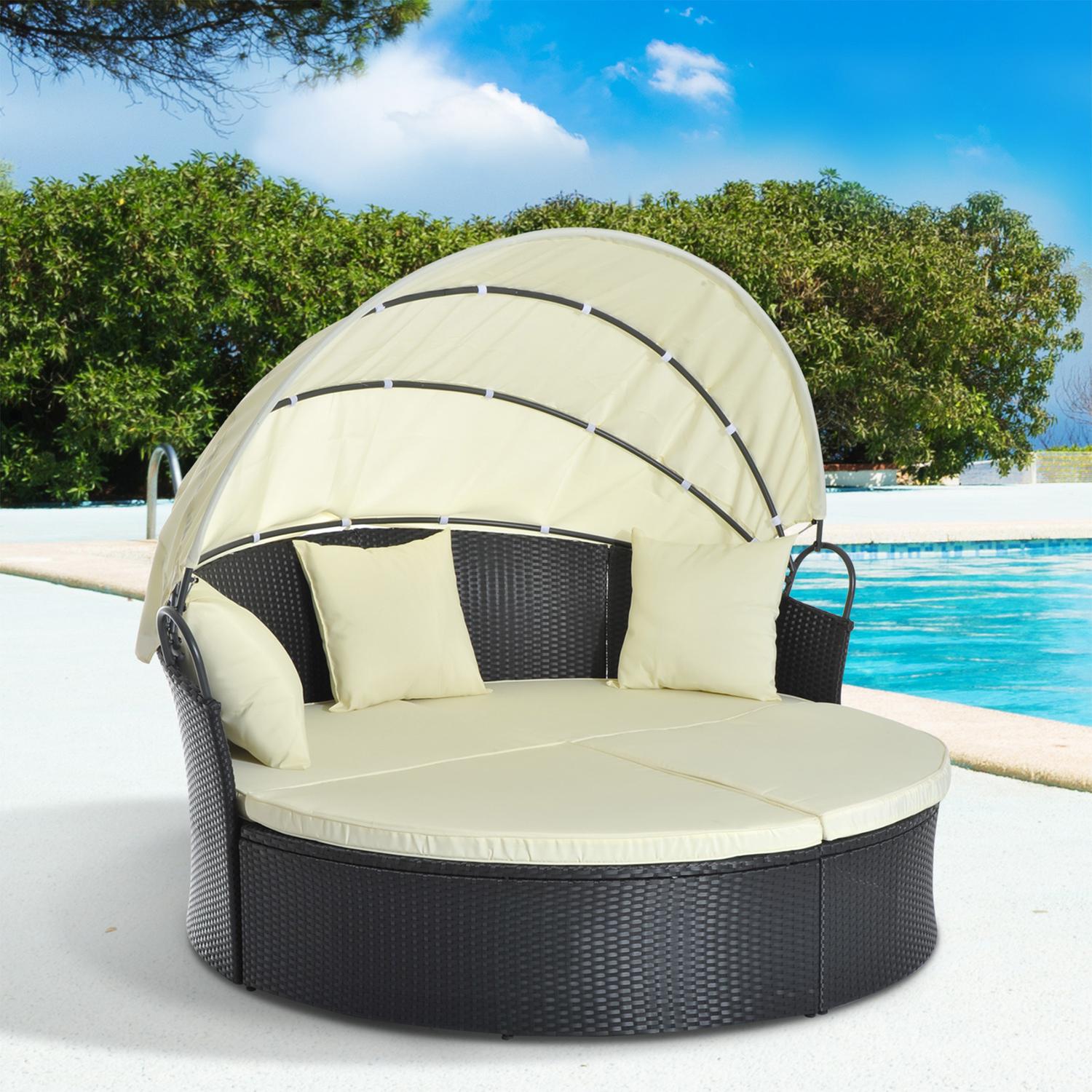 Polyrattan Ligbed voor Buiten - inklapbare luifel, crème 171x180x155cm