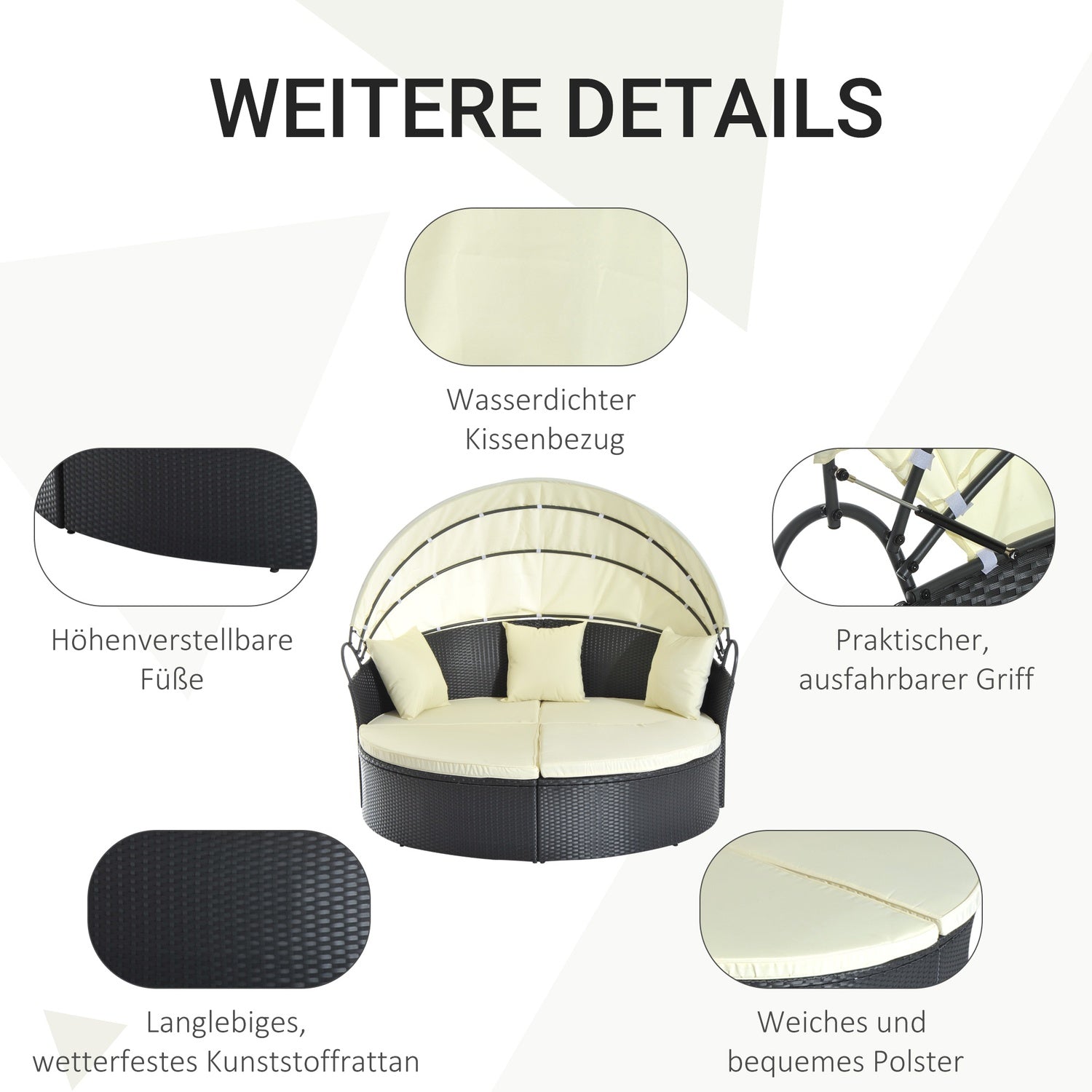 Polyrattan Ligbed voor Buiten - inklapbare luifel, crème 171x180x155cm