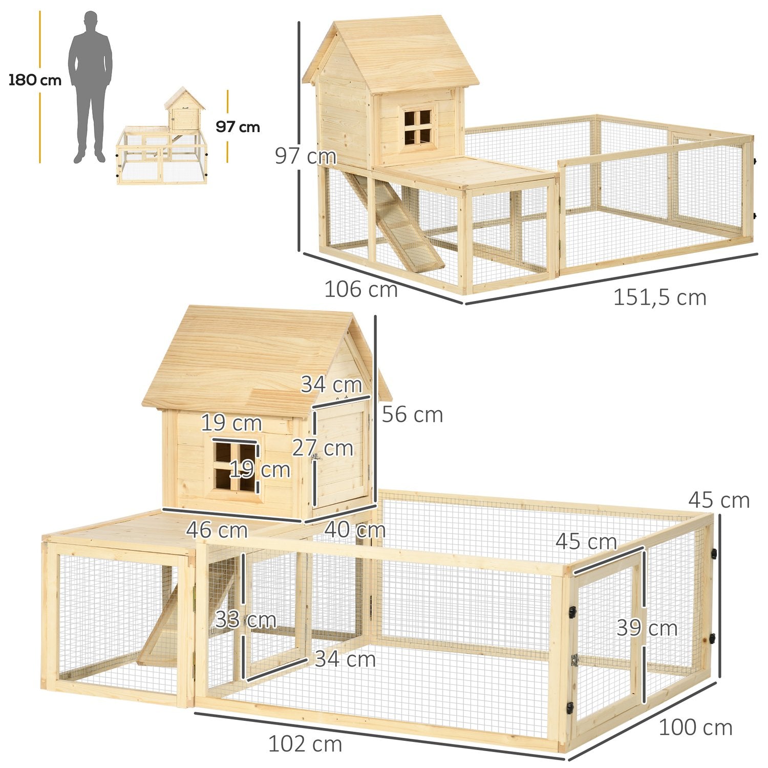 Houten buitenkonijnenhok met loopplank – 151,5x106x97cm