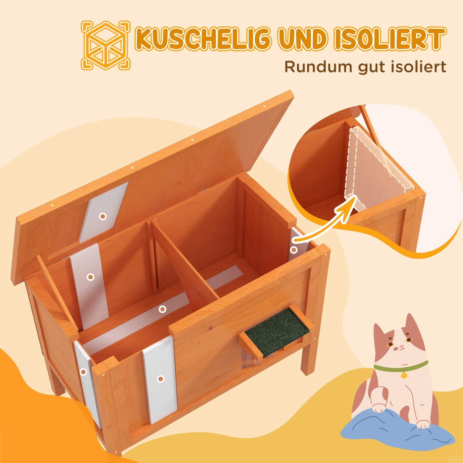 Outdoor-Katzenhaus aus Holz, isoliert & erhöht, 60x60x81,5cm