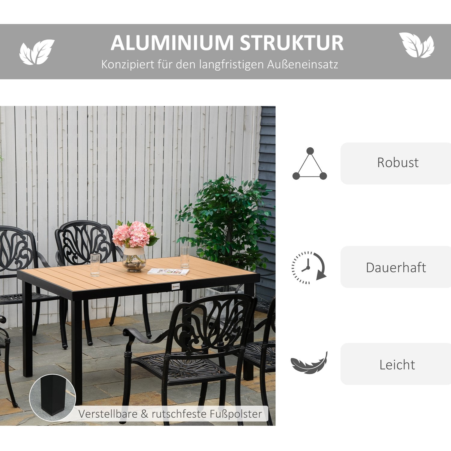Buiten eettafel voor 6 personen – onderhoudsvriendelijk aluminium, 140x90x74 cm