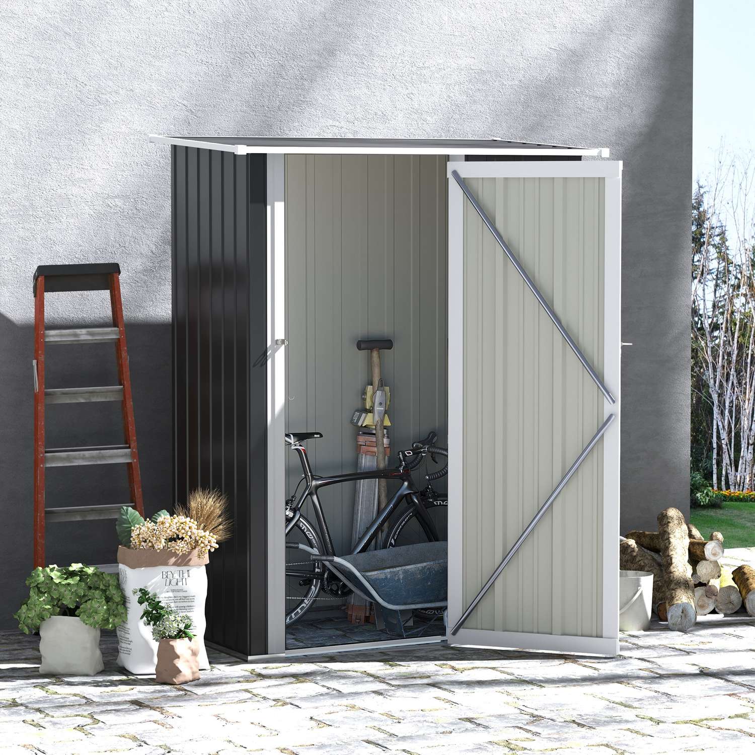 Abri à outils d'extérieur en acier avec porte, gris foncé – 142 x 84 x 189 cm