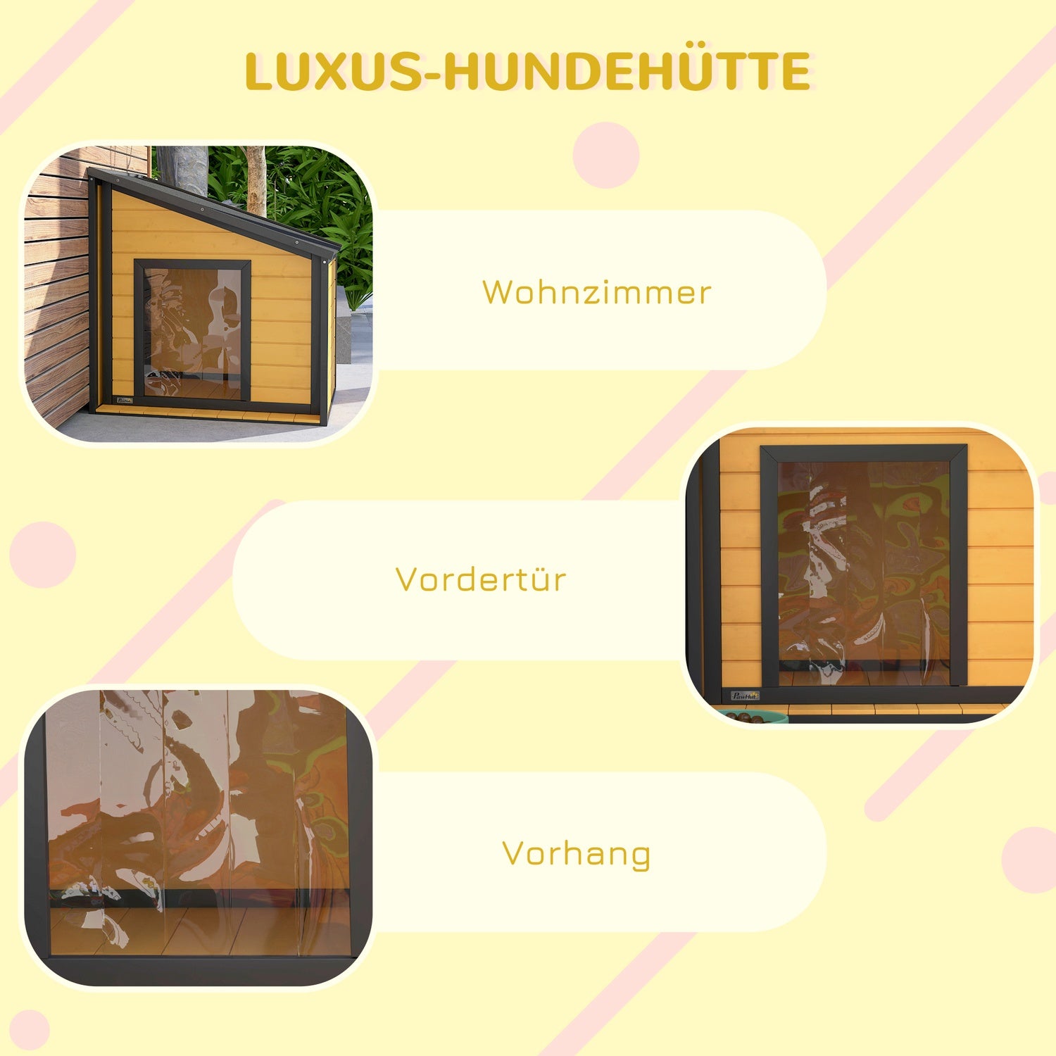 Weerbestendige hondenmand buiten van hout met dak en gordijn