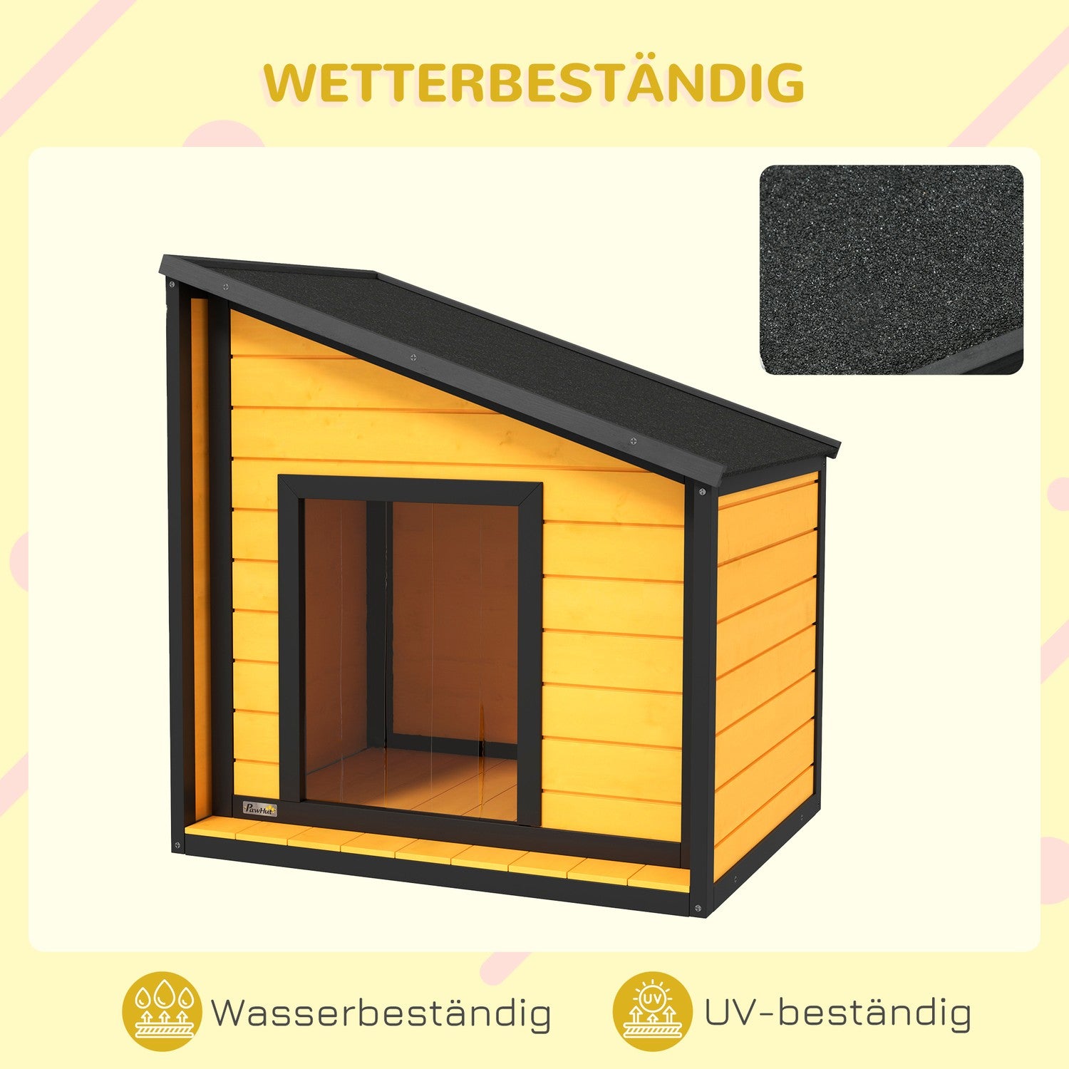 Weerbestendige hondenmand buiten van hout met dak en gordijn