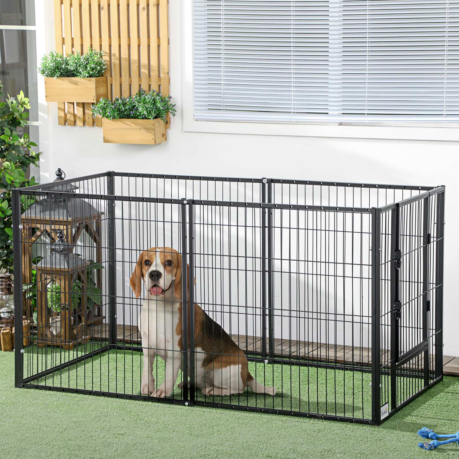 Puppy ren met deur, 6 panelen, stalen binnen-/buitenhok