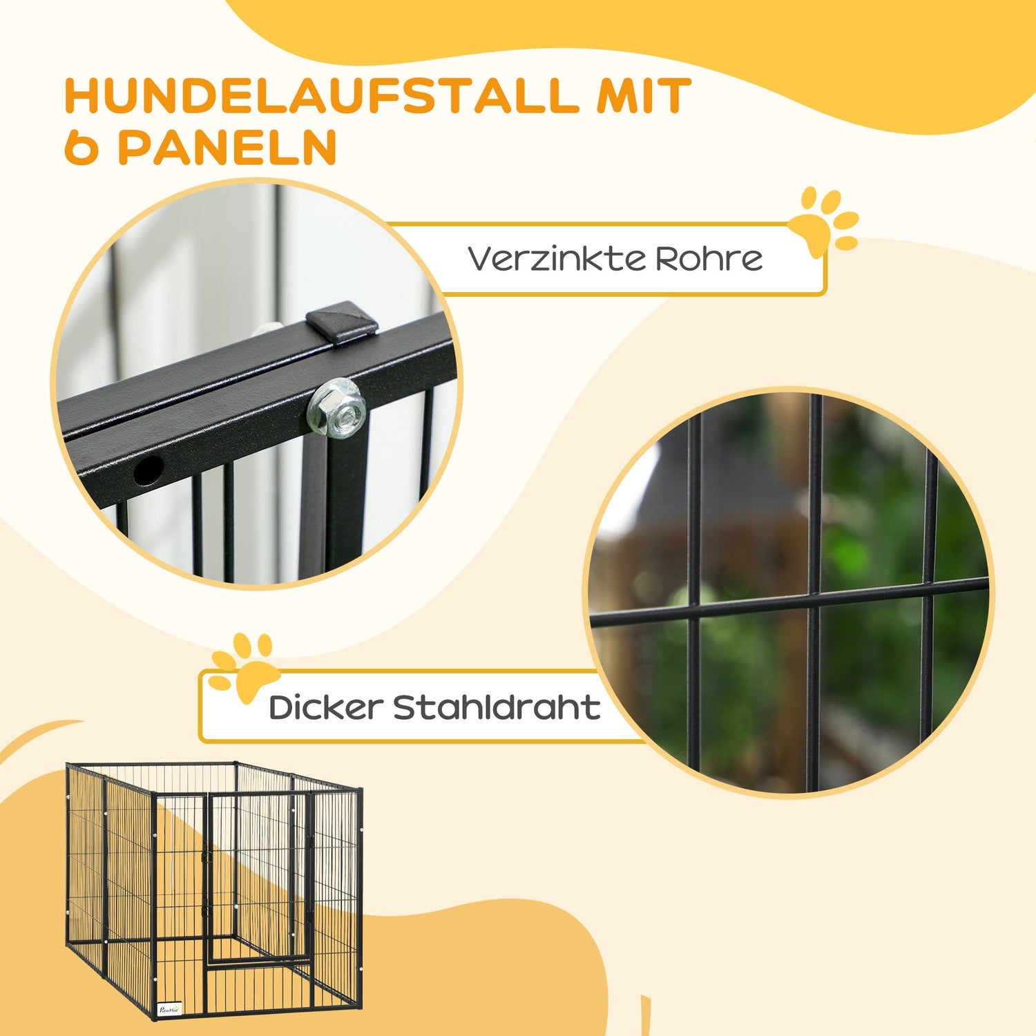 Puppy ren met deur, 6 panelen, stalen binnen-/buitenhok
