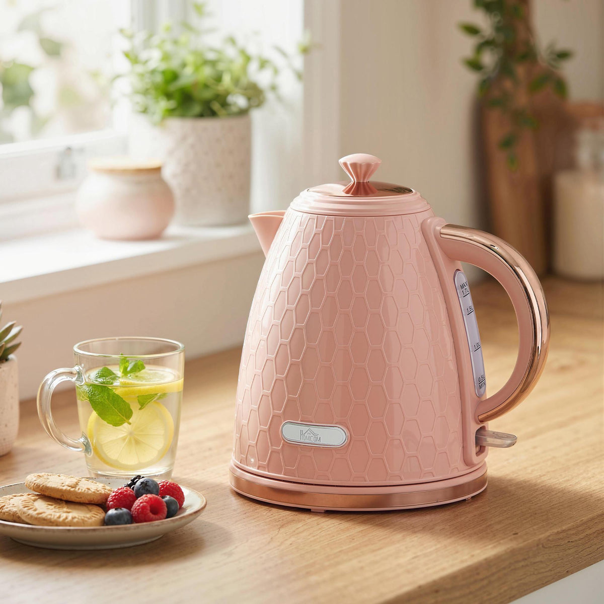 Waterkoker 1,7 l, snelkoken, 2200 W, snoerloos, roze