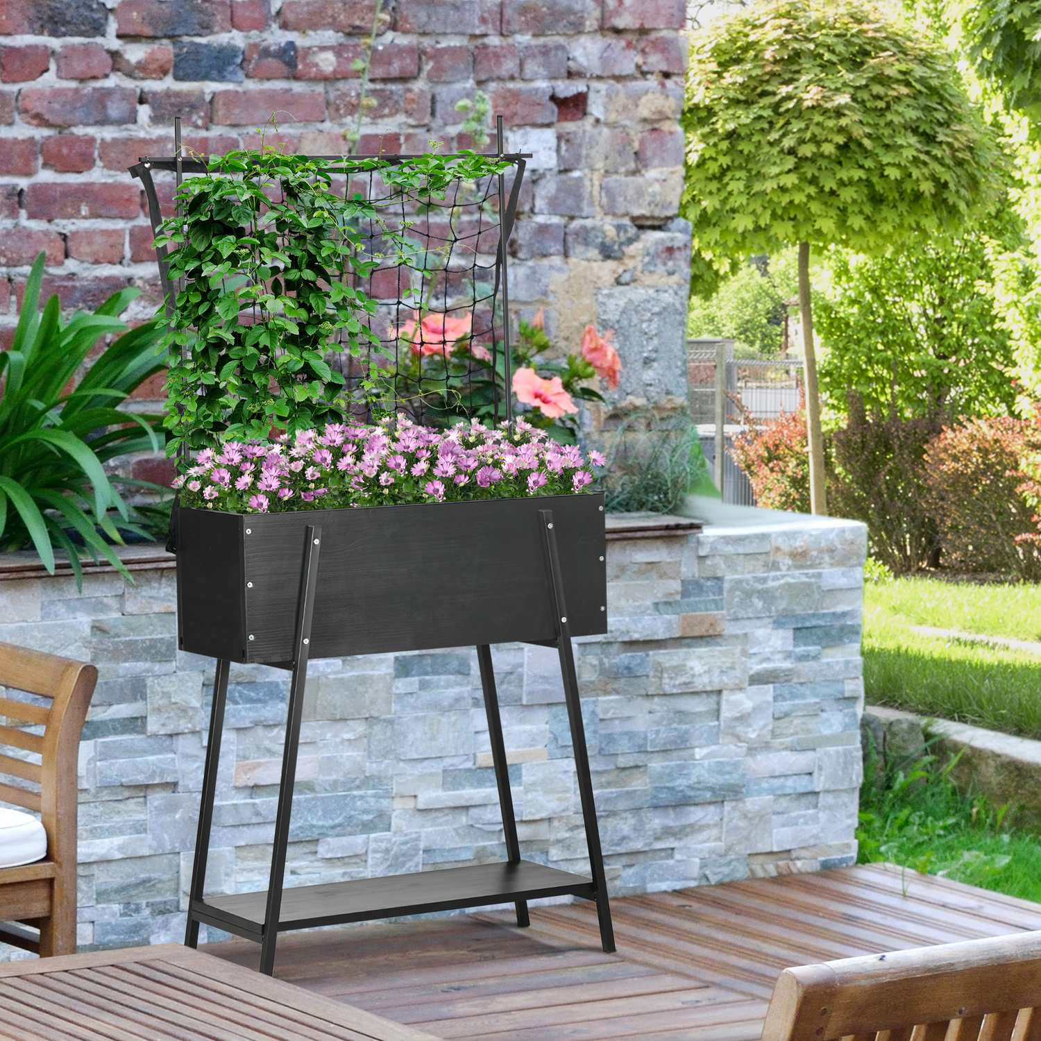 Weerbestendige verhoogde plantenbak met trellisscherm, massief houten rek 89x34x168cm