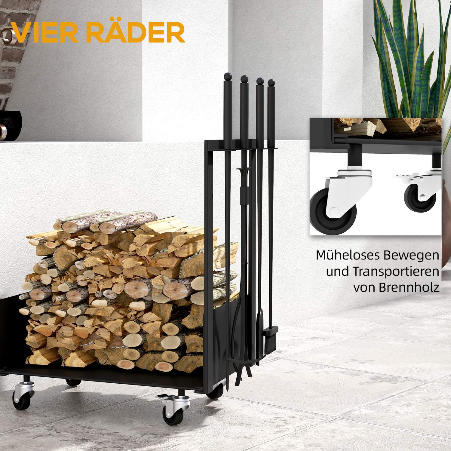 Metalen houtrek met wielen en gereedschap, zwart, 48x30x76 cm