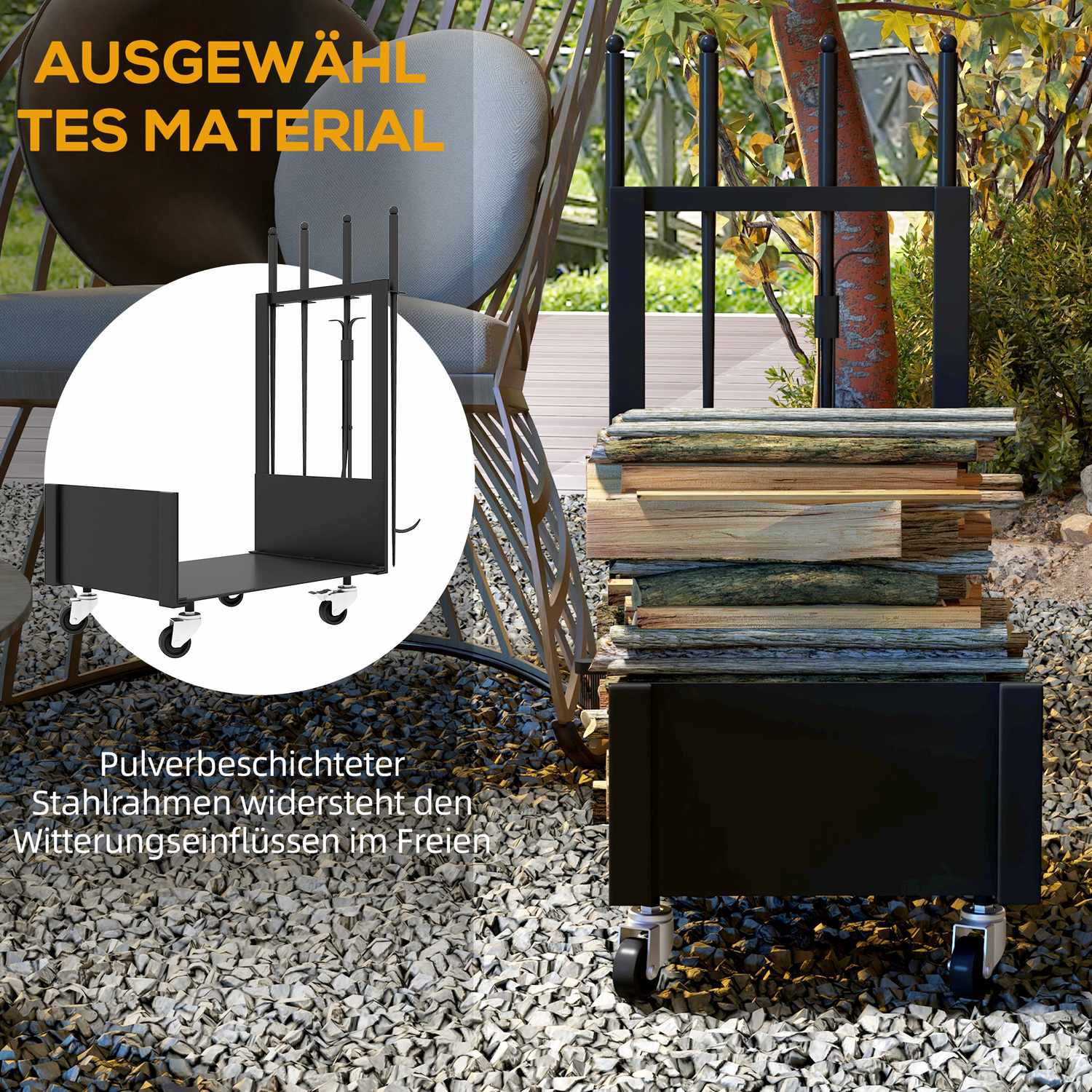 Metalen houtrek met wielen en gereedschap, zwart, 48x30x76 cm