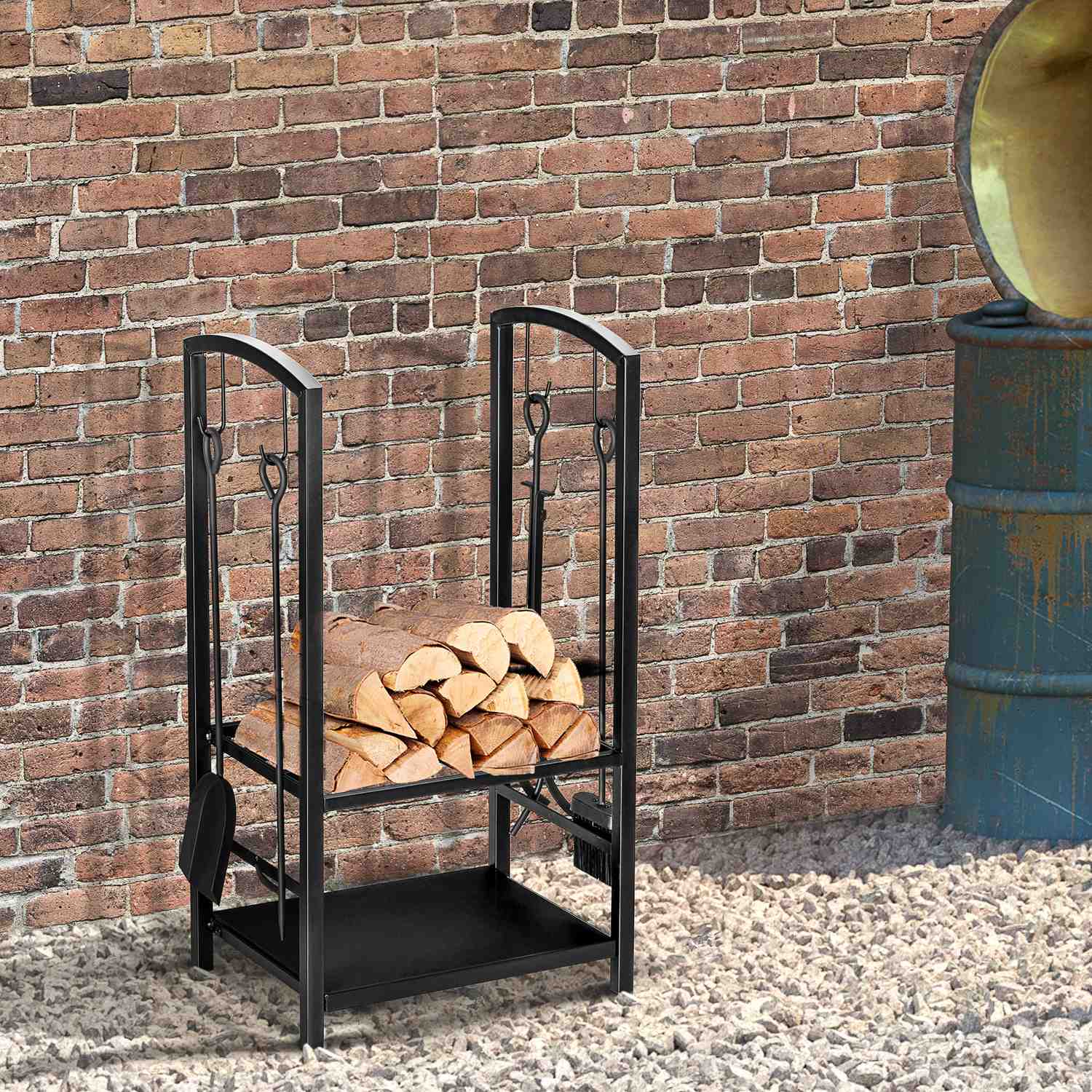Houtrek met dienblad, 2-laags haardgereedschap, zwart