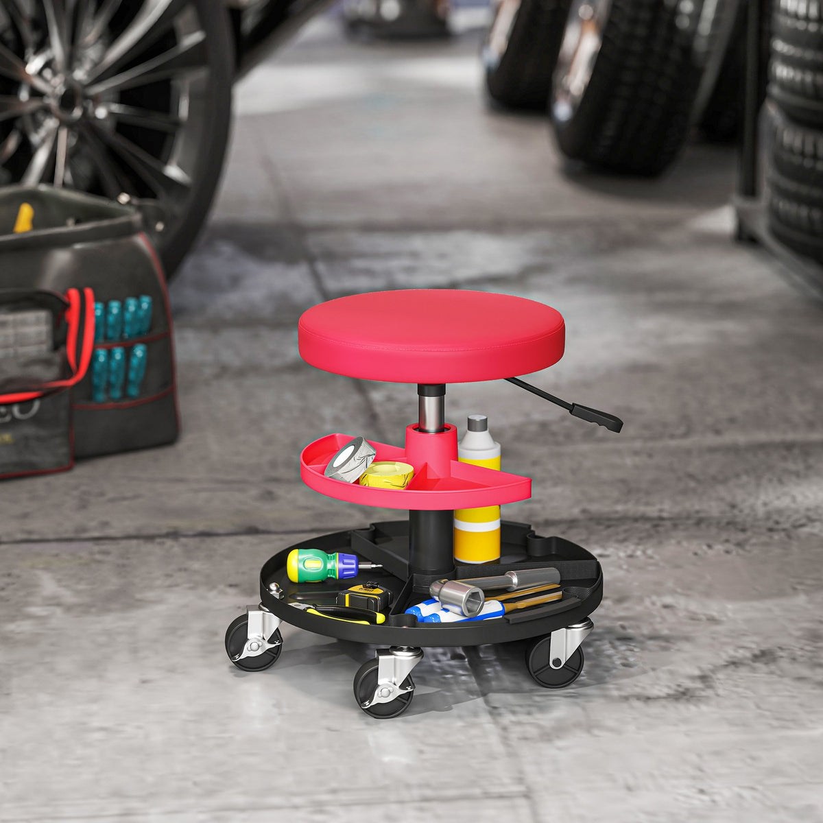 Werkplaatskruk met wielen, laden, in hoogte verstelbaar 40-51 cm, rolkruk, draagvermogen tot 135 kg, rood