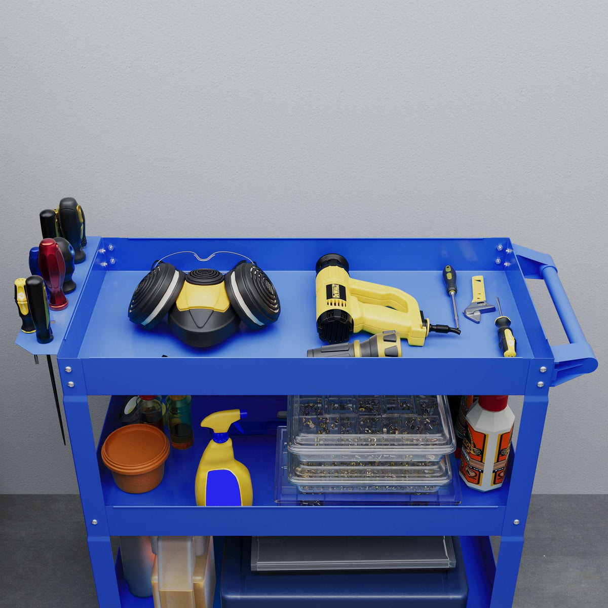 Stalen gereedschapswagen met 3 niveaus, 4 wielen, 83 x 35,3 x 76 cm, blauw
