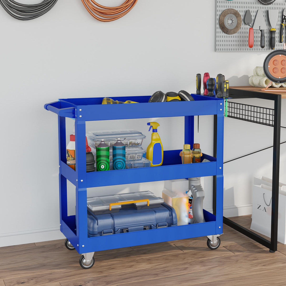 Stalen gereedschapswagen met 3 niveaus, 4 wielen, 83 x 35,3 x 76 cm, blauw