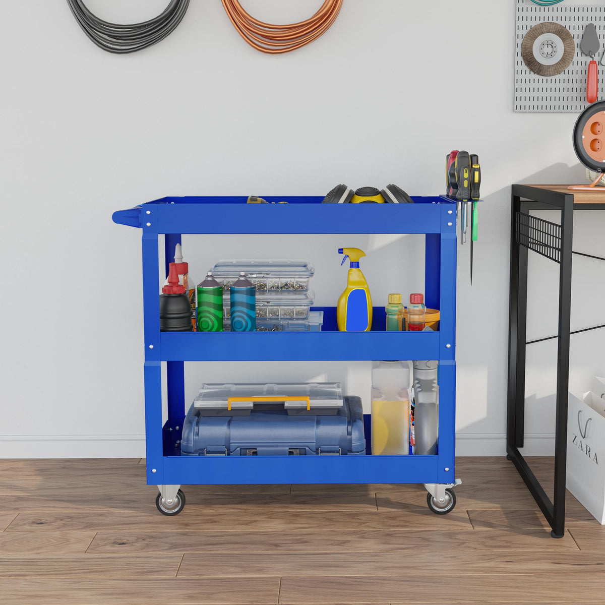 Stalen gereedschapswagen met 3 niveaus, 4 wielen, 83 x 35,3 x 76 cm, blauw