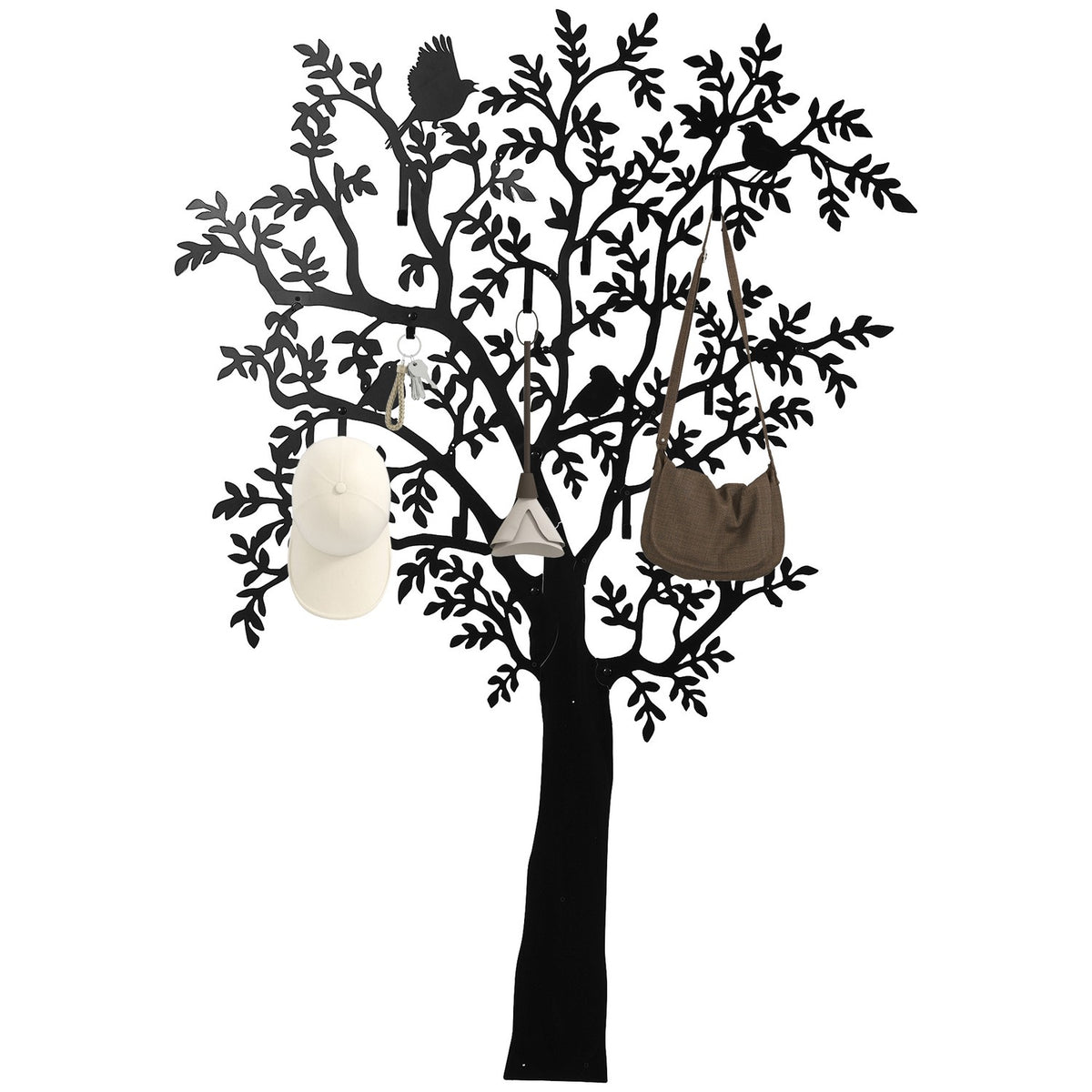 Wandgemonteerde kledinghaak, houtdesign met vogels, zwart