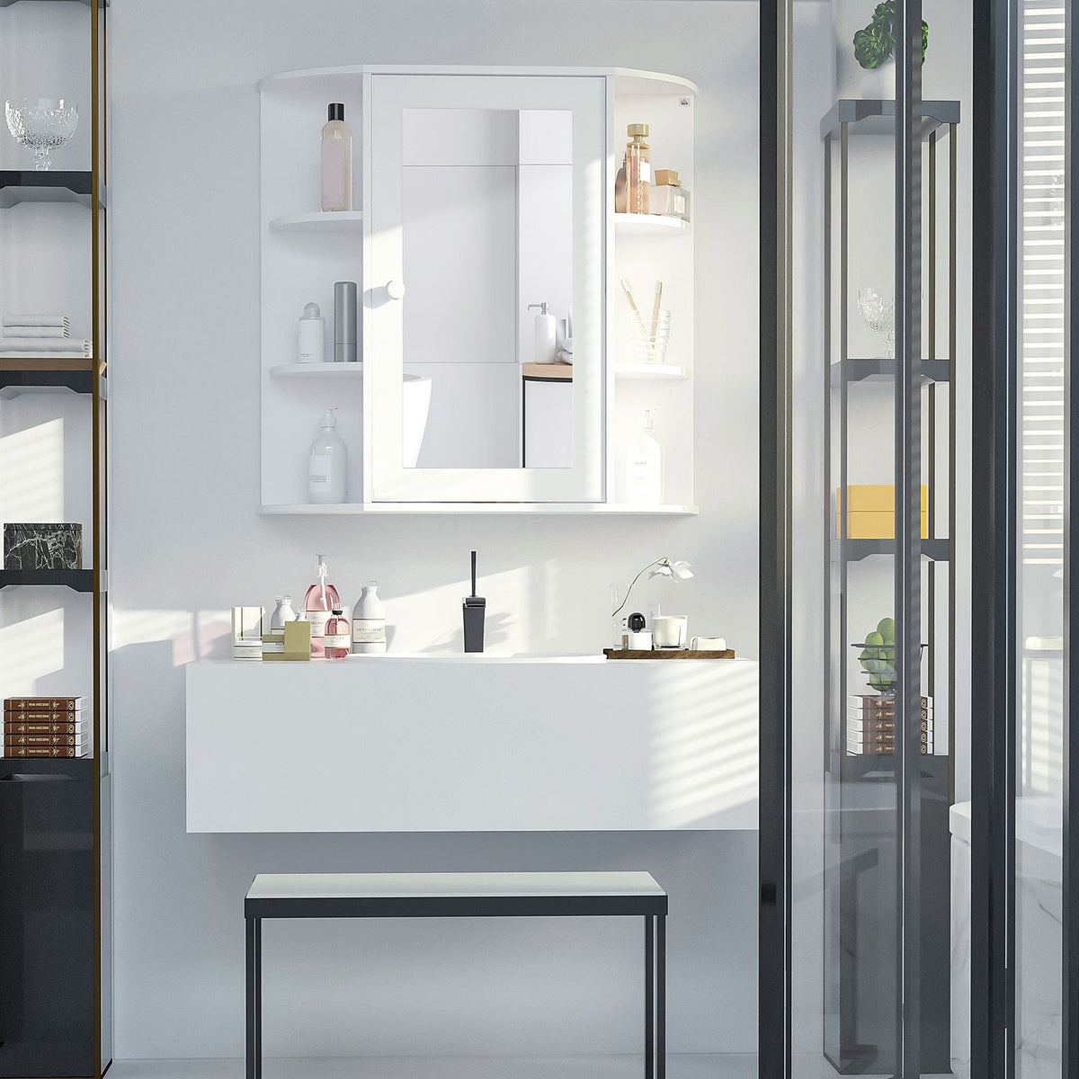 Wandgemonteerde badkamerspiegelkast, 8 vakken, wit