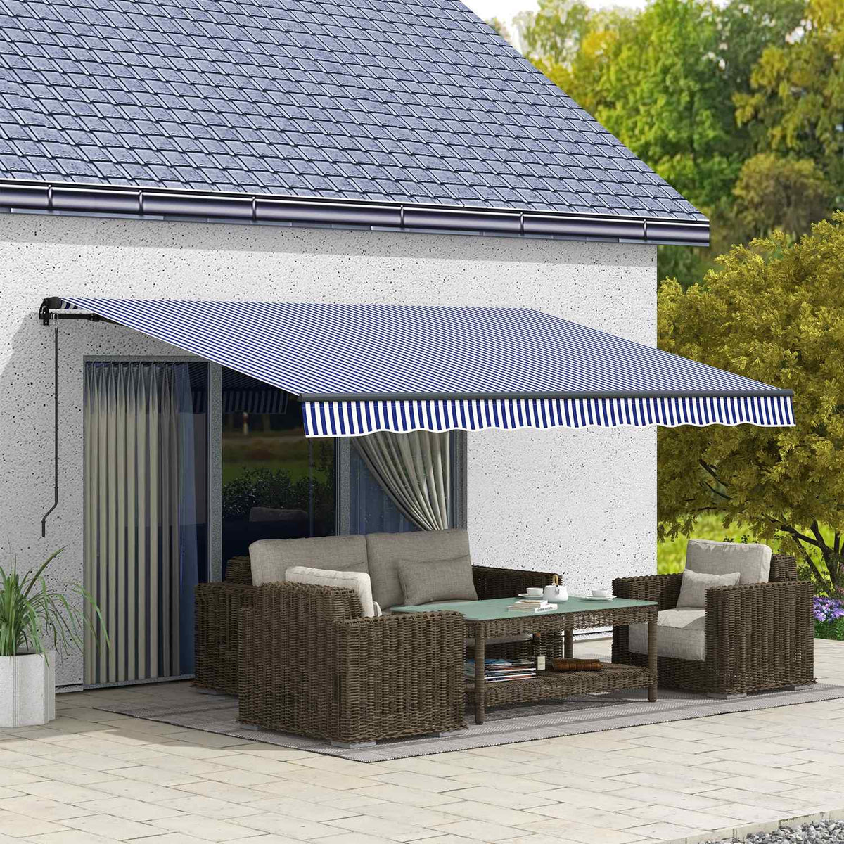 Wandgemonteerde balkonluifel 4x3M, blauw-wit gestreept