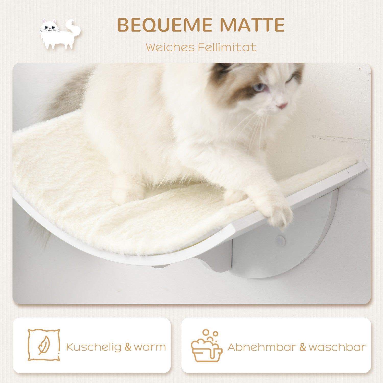 Wandgemonteerd kattenbed met pluche kussen, wit