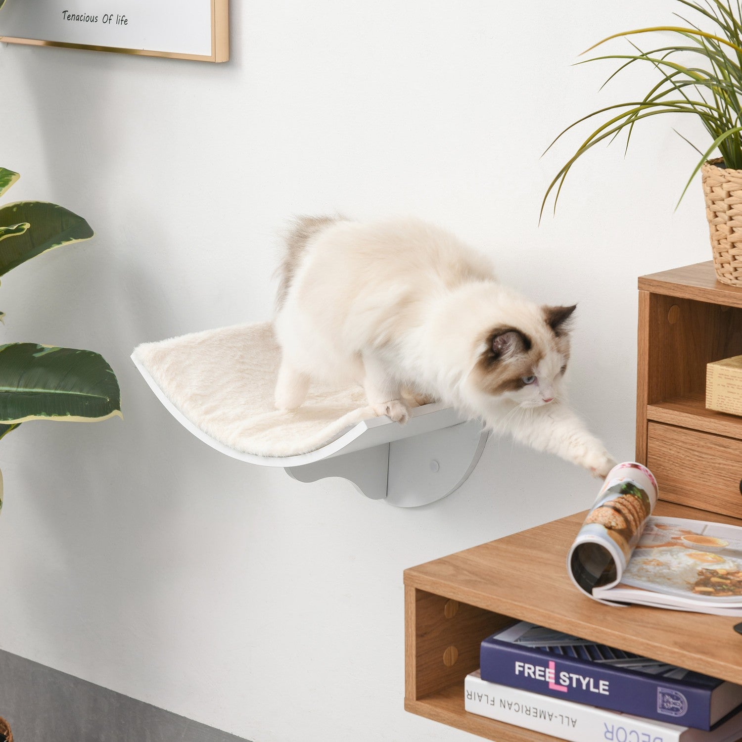 Wandgemonteerd kattenbed met pluche kussen, wit