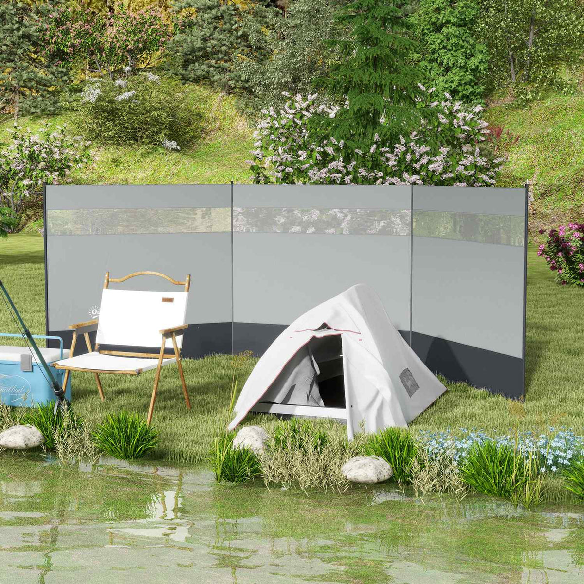 Opvouwbaar grijs windscherm met lichtbron, 440 x 140 cm