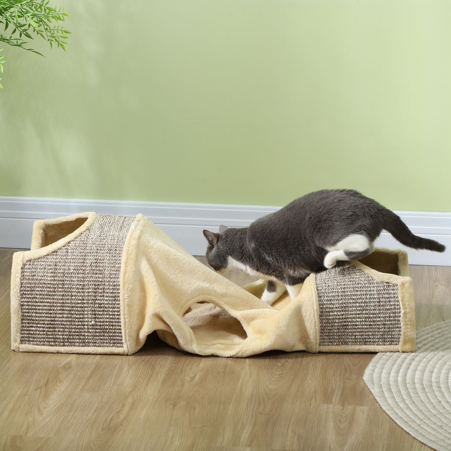 Opvouwbare kattentunnel – 2 huizen, 3 openingen, beige