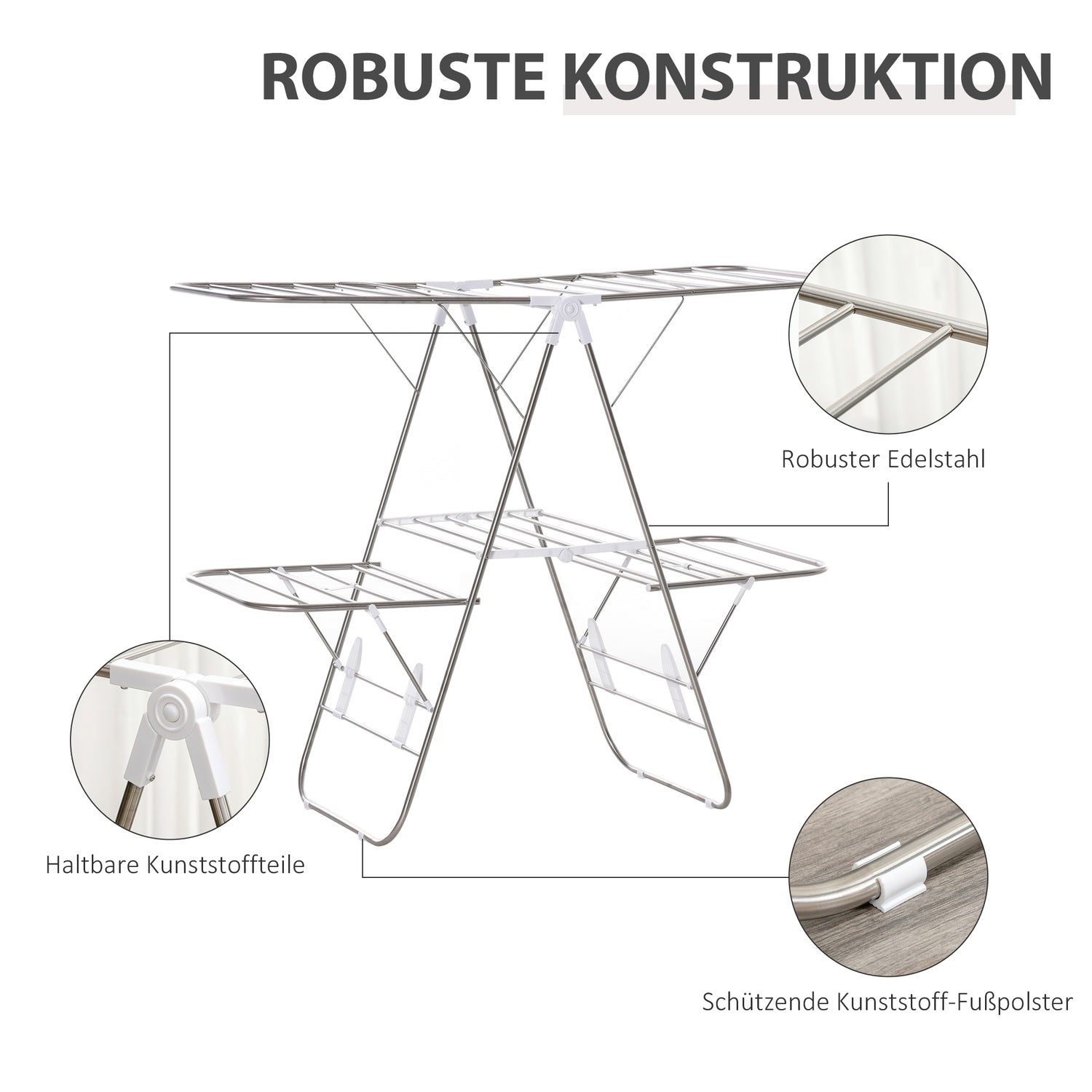 Opvouwbaar droogrek, 3 niveaus, roestvrij staal, 138 cm