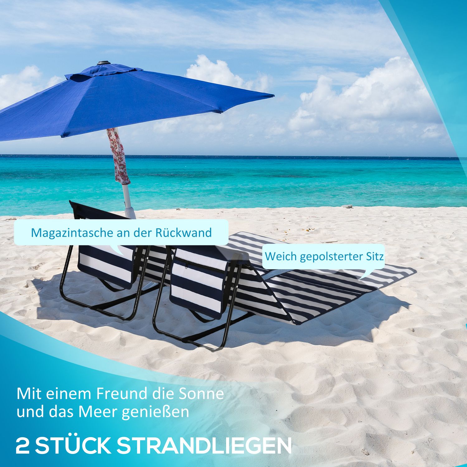 Opvouwbare strandmat, verstelbaar met draag- en krantentas