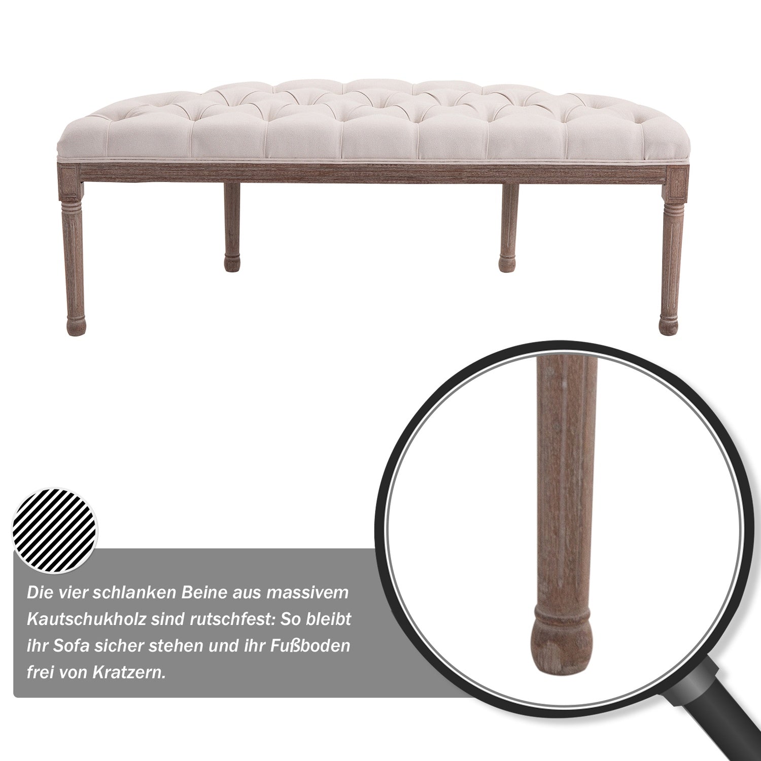 Vintage beige gestoffeerde bank, linnen & hout, 140,5 cm