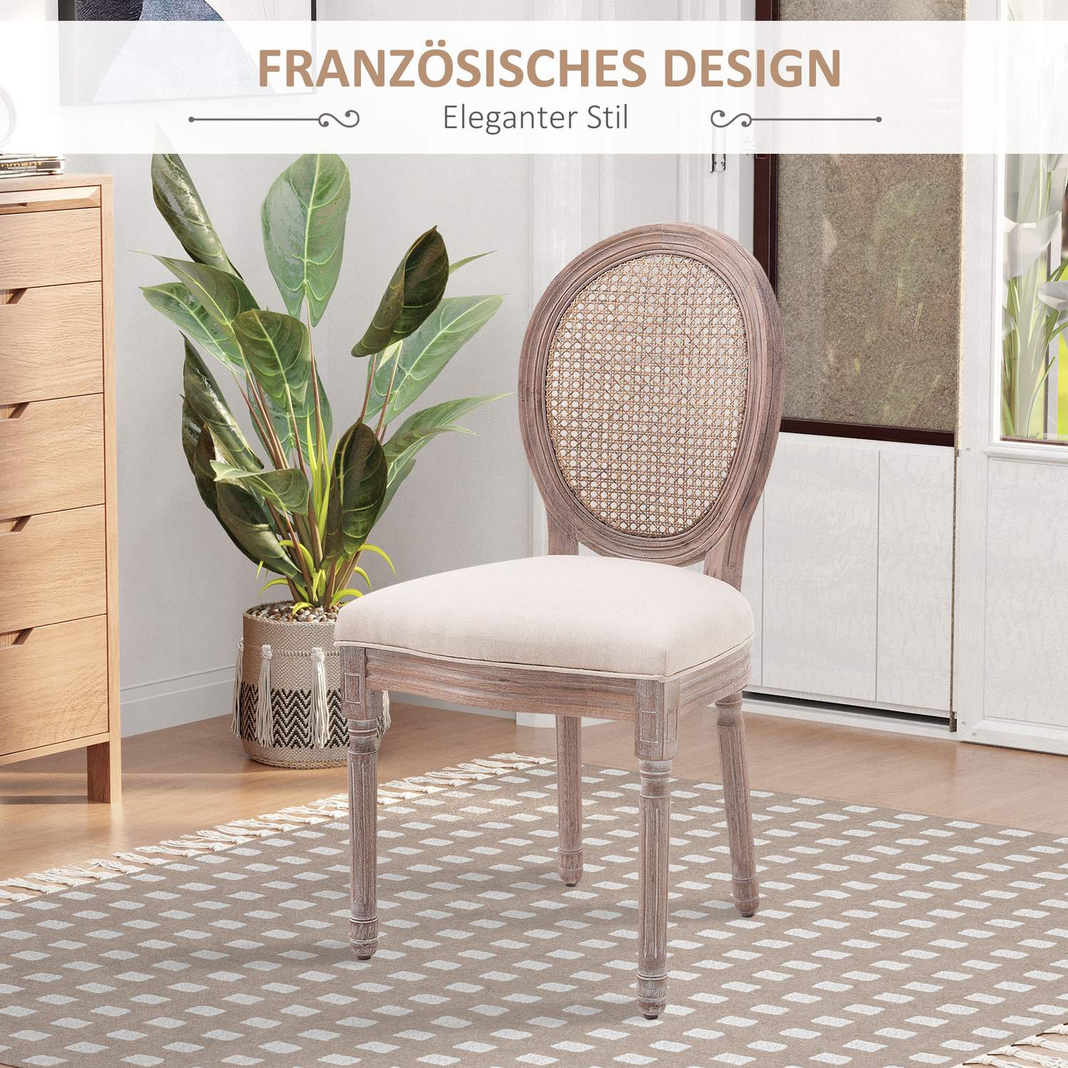 Vintage beige eetkamerstoel – gestoffeerde rotan fauteuil