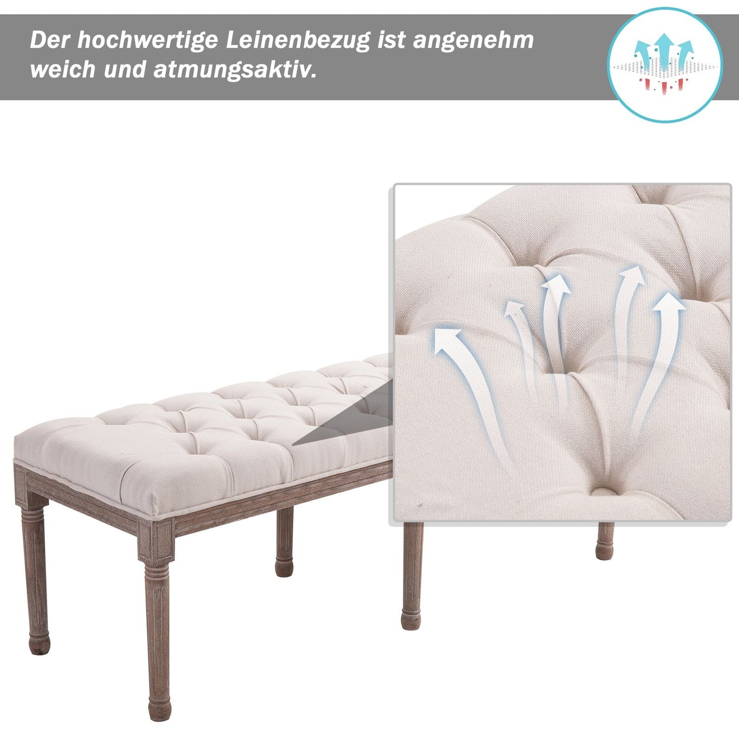 Vintage beige gewatteerde bank, linnen & hout, 142cm