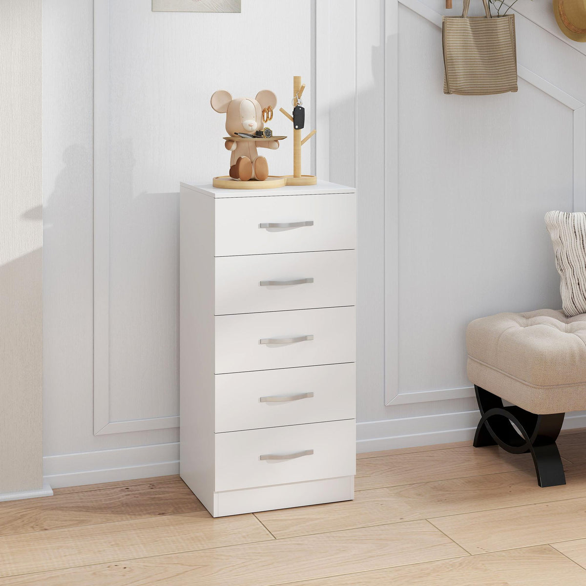 Witte ladekast met 5 laden, spaanplaat, ruimtebesparend ontwerp