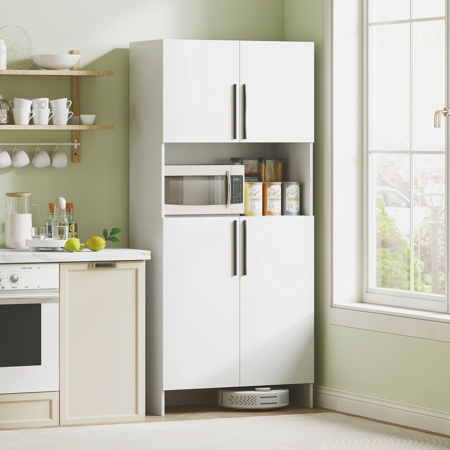 Weisser Küchen-Hochschrank, softschliessende Türen, Mikrowellenablage