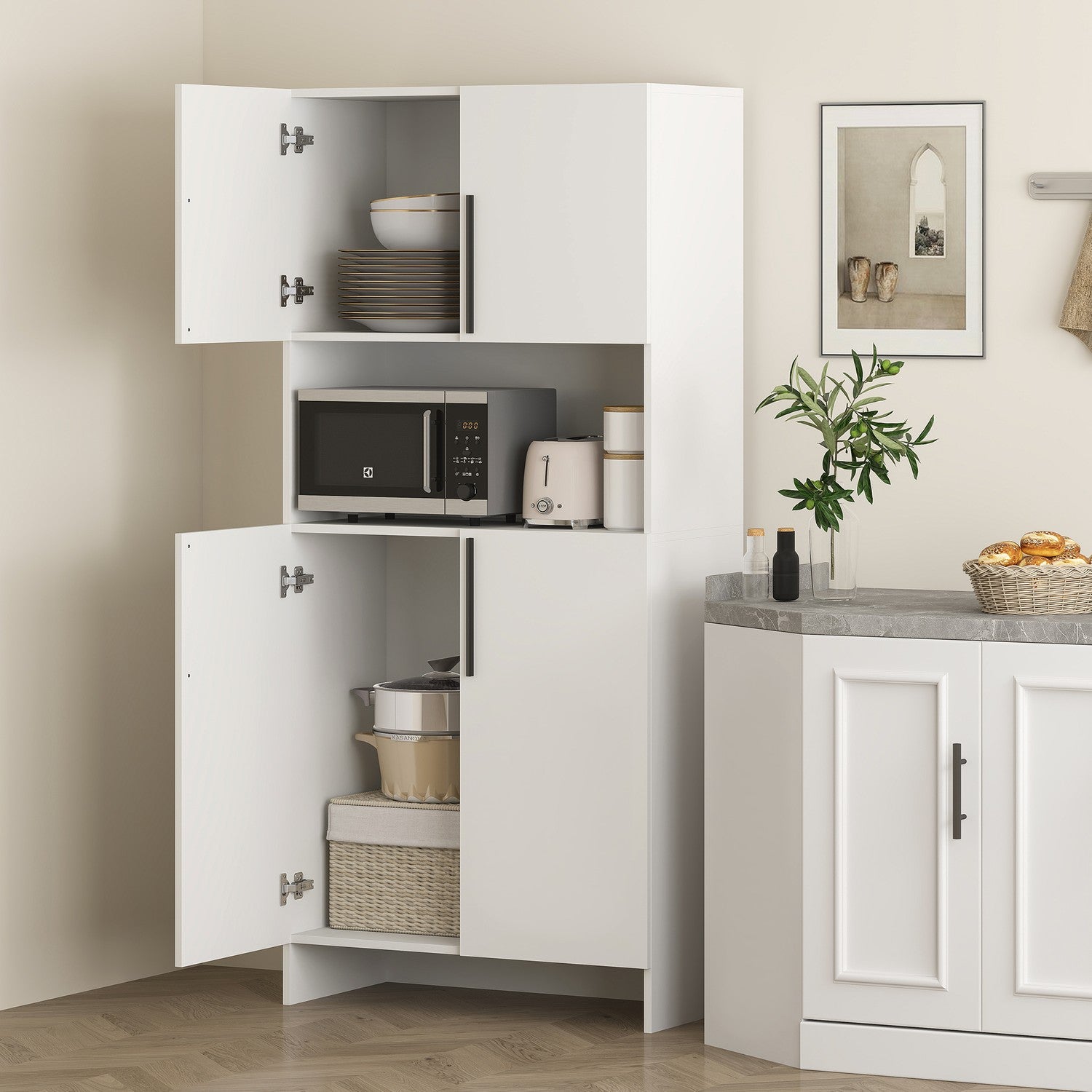 Weisser Küchen-Hochschrank, softschliessende Türen, Mikrowellenablage