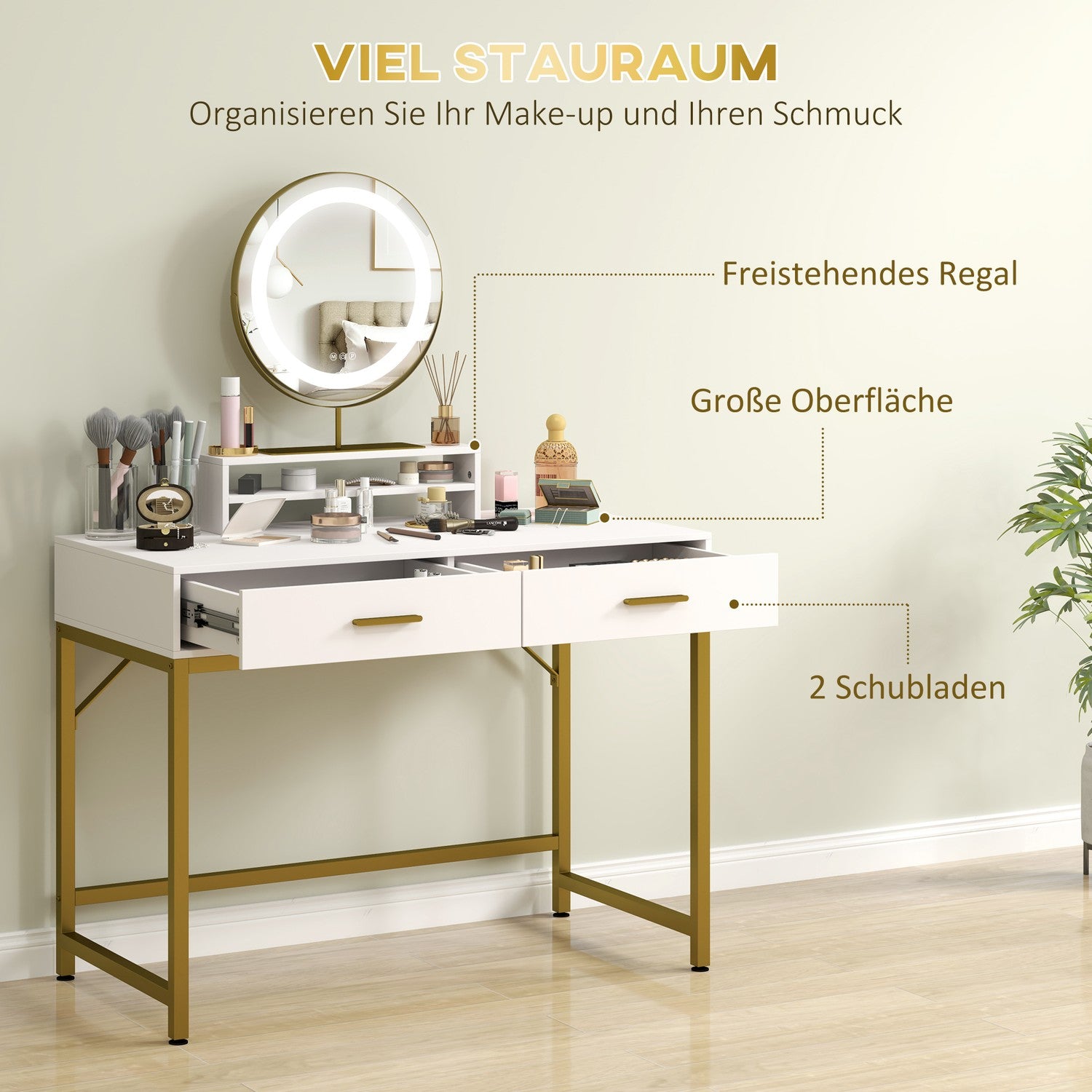 Witte kaptafel met LED-spiegel en opberglades