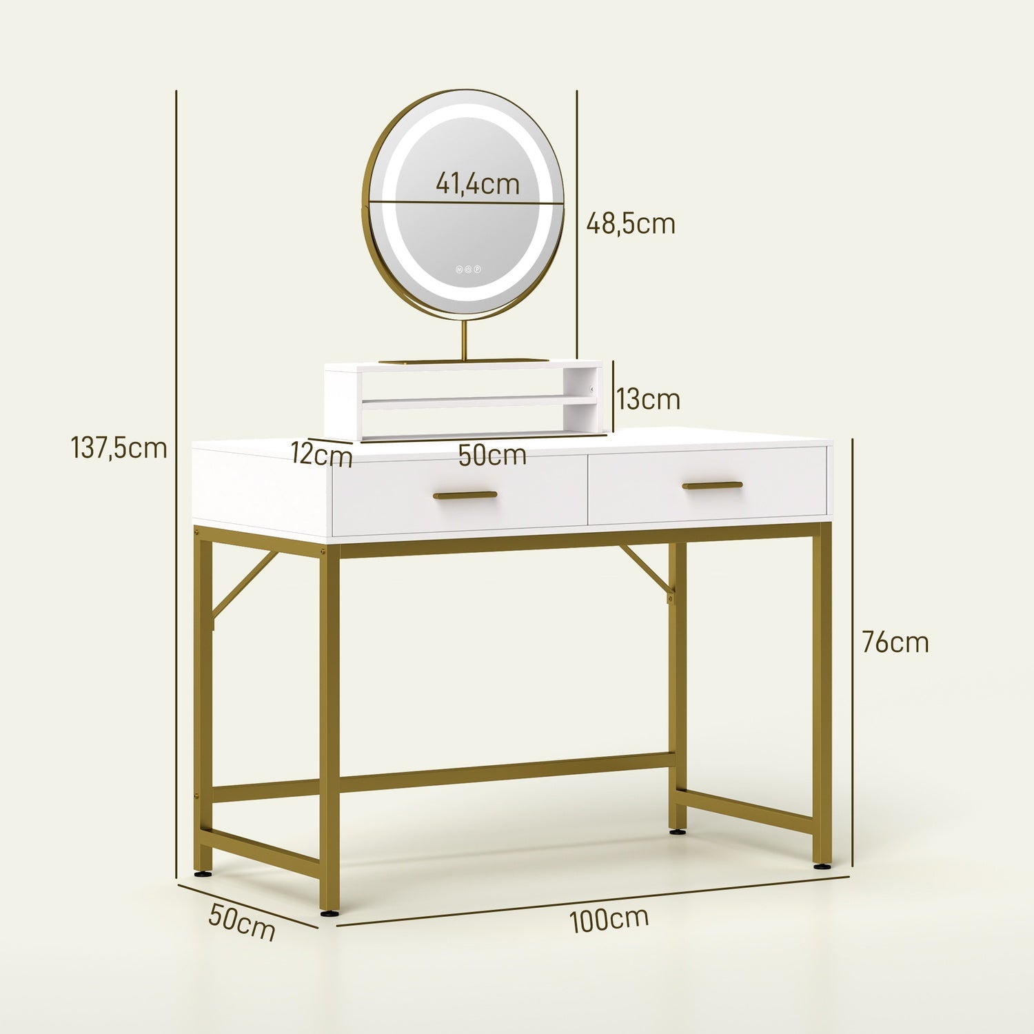 Witte kaptafel met LED-spiegel en opberglades