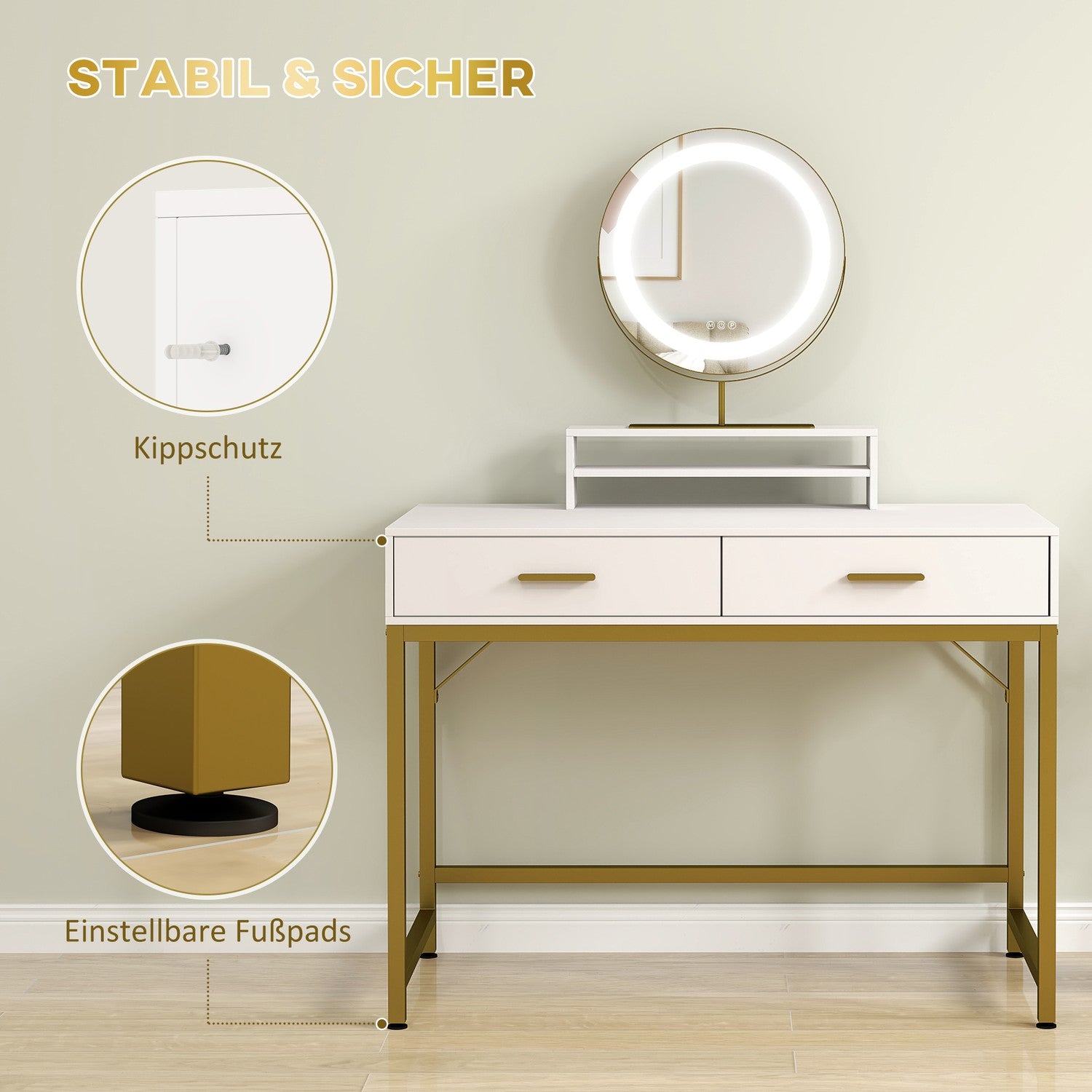 Witte kaptafel met LED-spiegel en opberglades