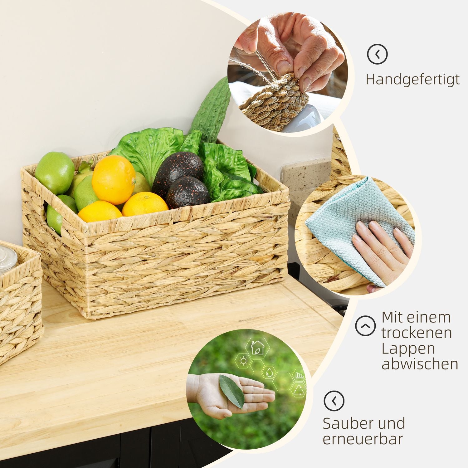 Geweven waterhyacint opbergmanden, set van 3, 40x30x18 cm
