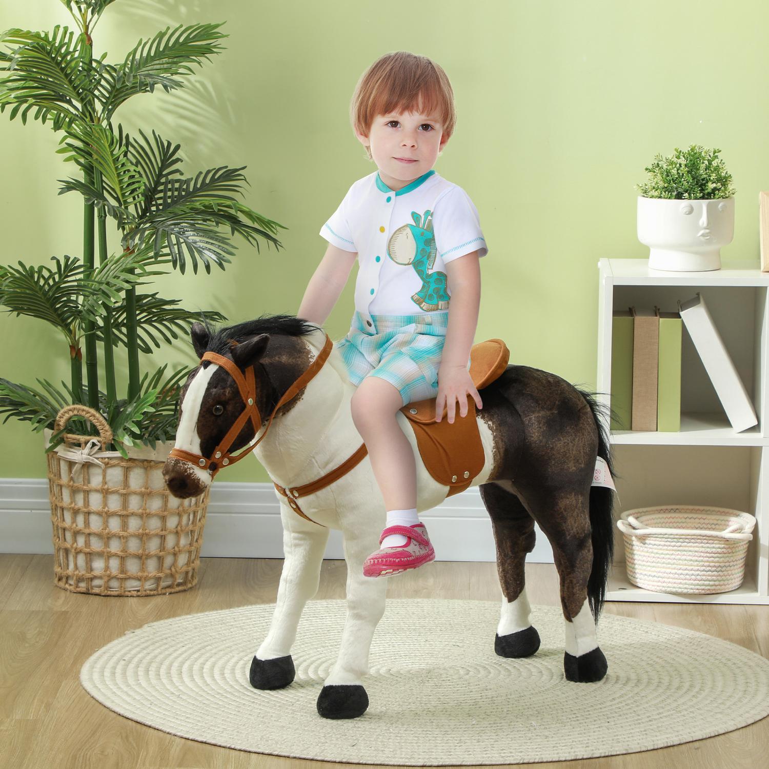 Rijdier met geluid, 48 cm, zadel en hoofdstel, bruin/crème