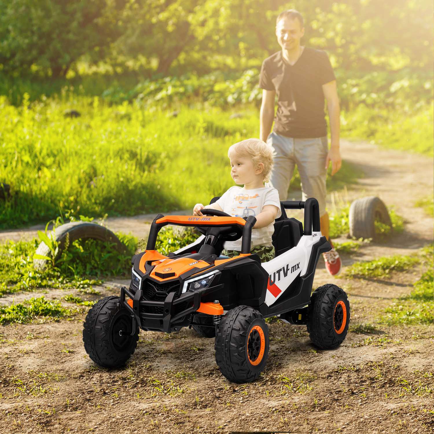 12V Elbil för Barn, Fjärrkontroll, Säkerhetsbälte, Tuta, LED, USB, Orange