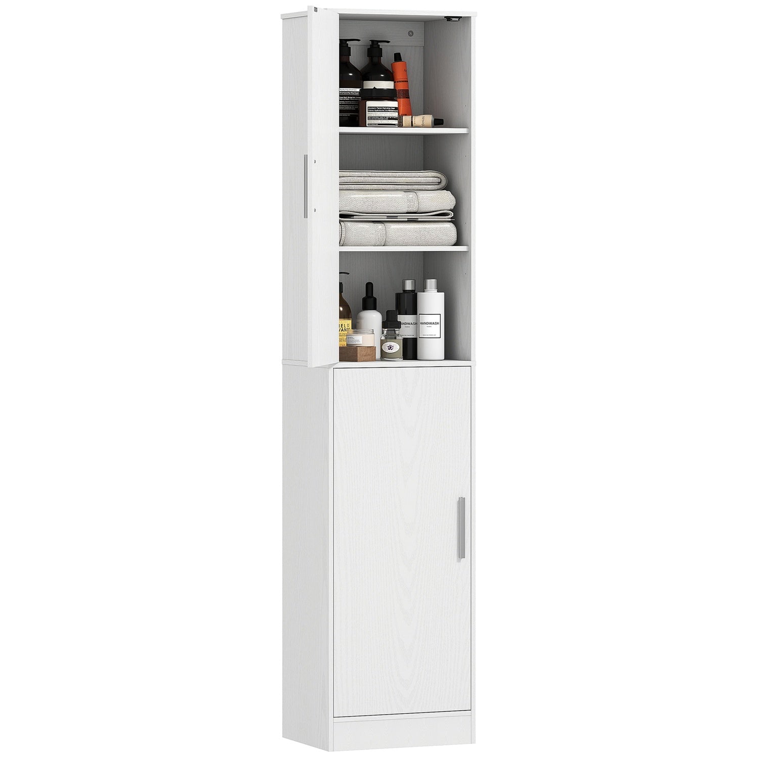 180 cm hoge badkamerkast, smalle badkamerkast met 2 deuren, 4 verstelbare planken, spaanplaat, MDF, wit