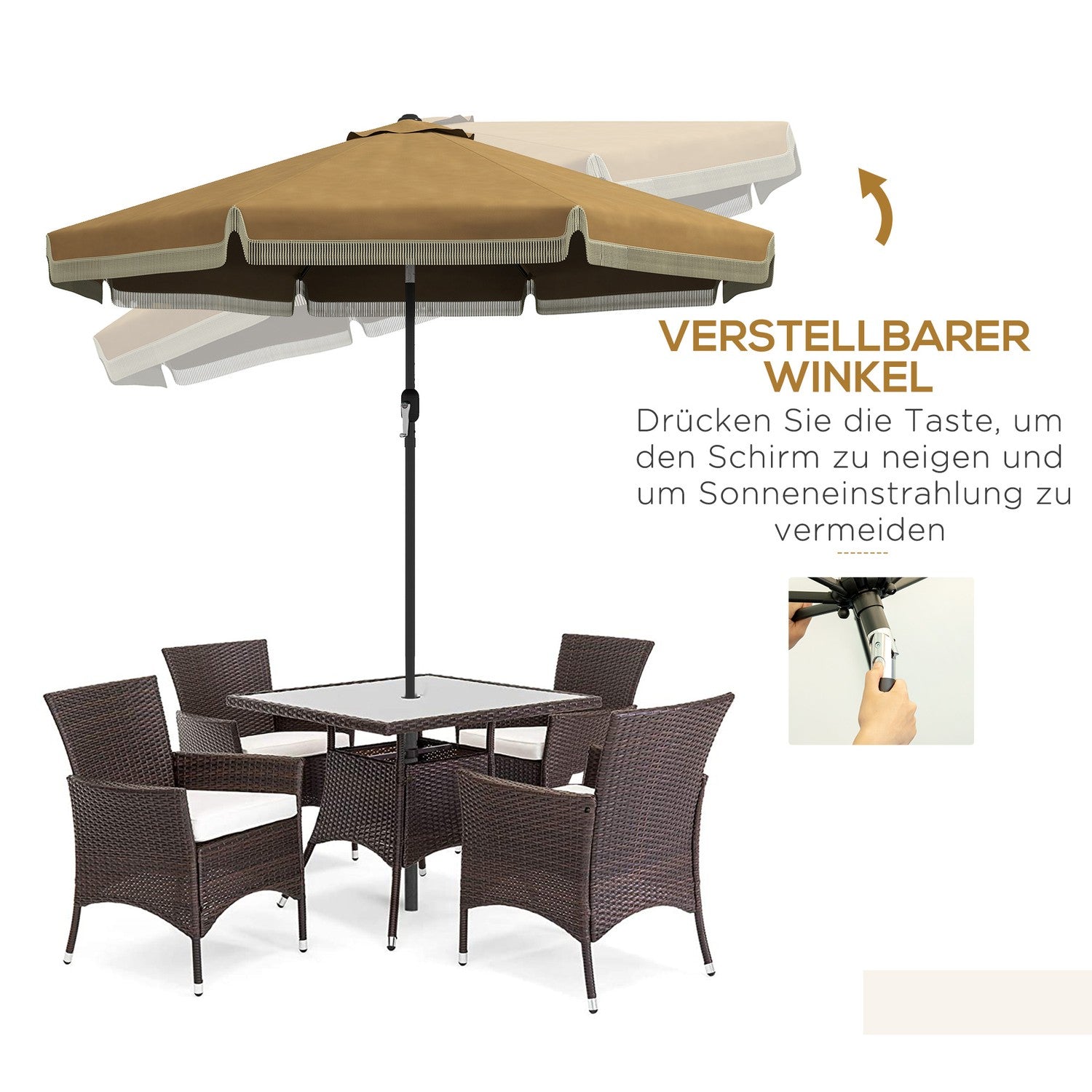 265 cm schuine terrasparasol, kaki, franjes & 8 baleinen