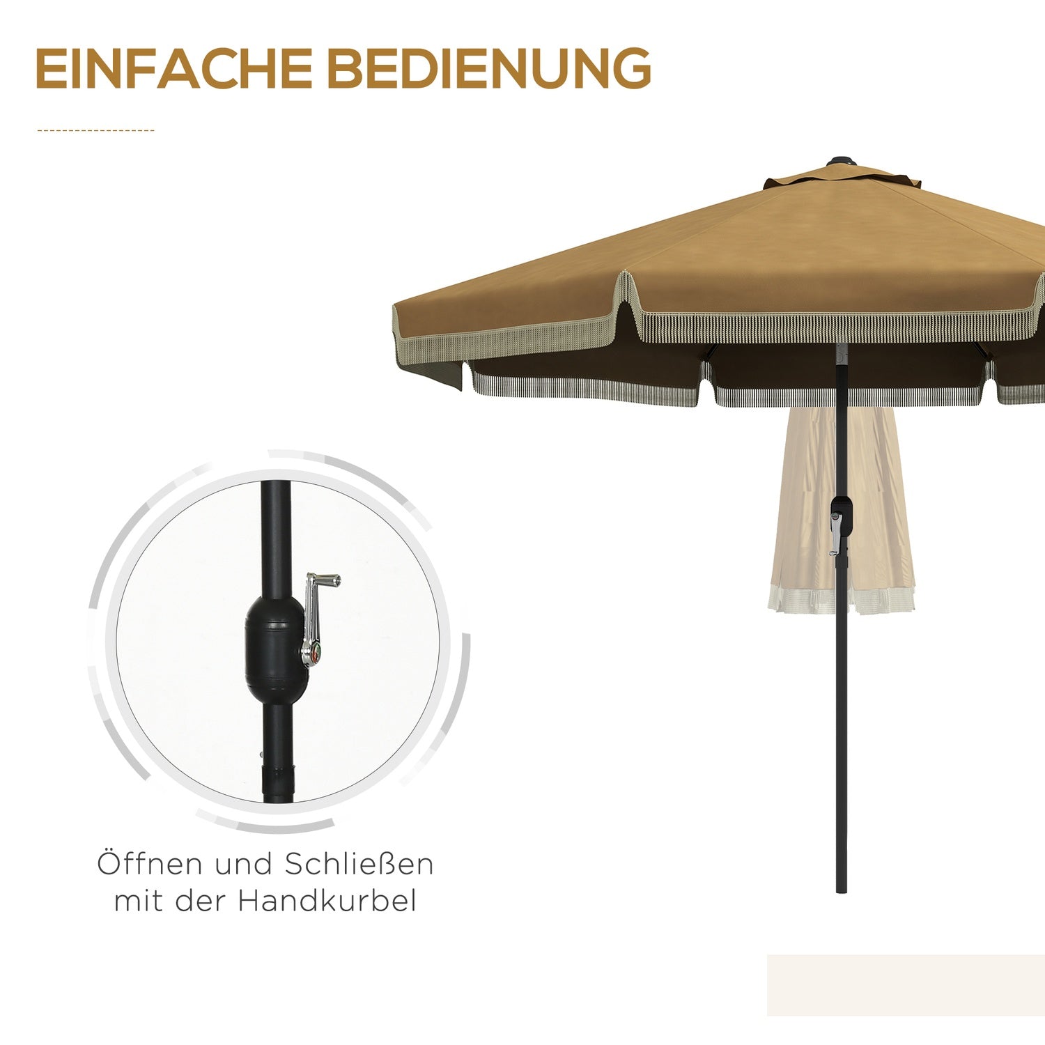 265 cm schuine terrasparasol, kaki, franjes & 8 baleinen