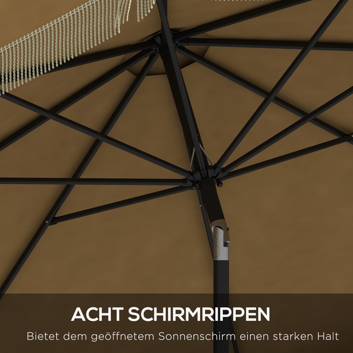265 cm schuine terrasparasol, kaki, franjes & 8 baleinen