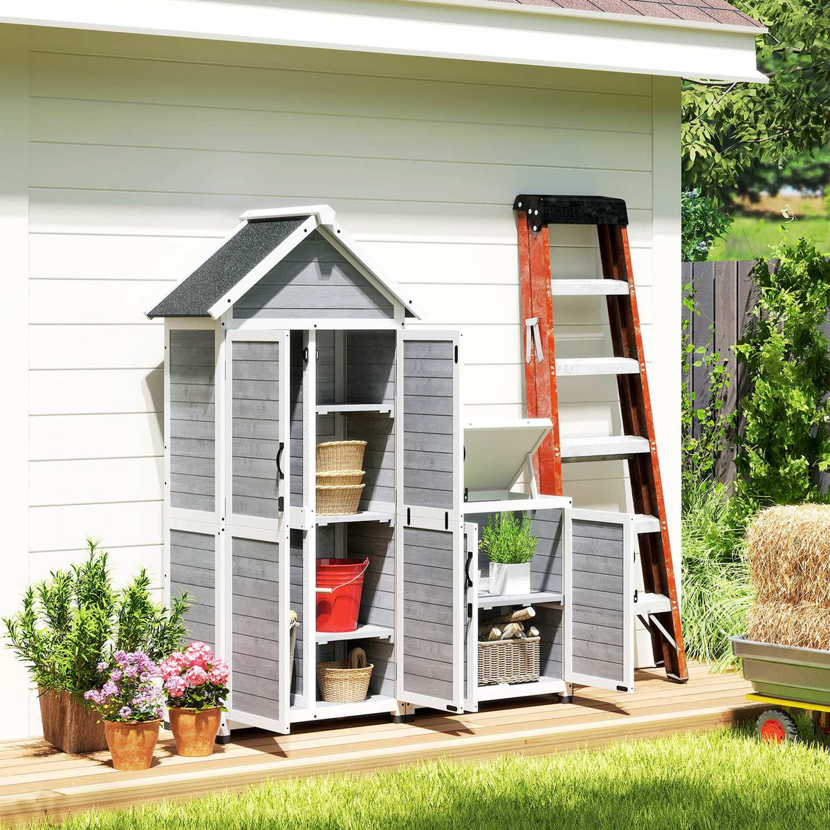 2-in-1 houten gereedschapsschuur, afsluitbaar, weerbestendig, 89x51x182cm