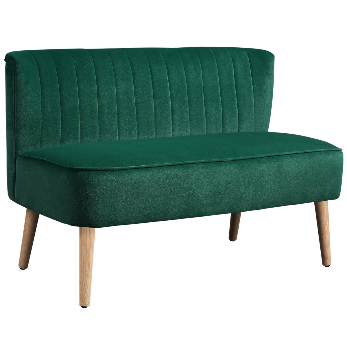 2-zits retrobank, donkergroen, houten poten, 117 cm